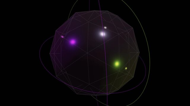 Futuristic abstract 3D rendering of a geodesic sphere with glowing internal energy pulses and rotating orbital rings on a dark background, concept for advanced technology, science, and data network.