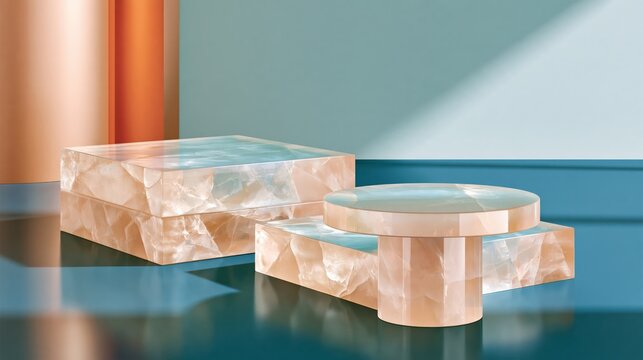 Two stepped translucent product platforms with carved thick surfaces, set against teal and orange background with soft lighting and reflective floor