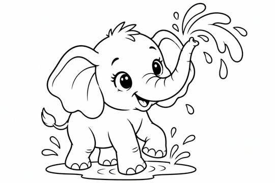 Cute baby elephant spraying water with its trunk for a fun coloring page design