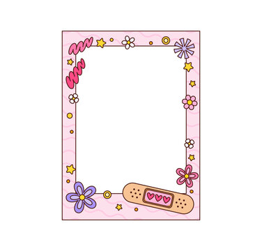 Groovy wavy frame with psychedelic retro Y2K border decoration in funky pop art. Groovy frame with hippie pink flowers and red hearts on patch, cartoon colourful lines and waves for kids photo frame