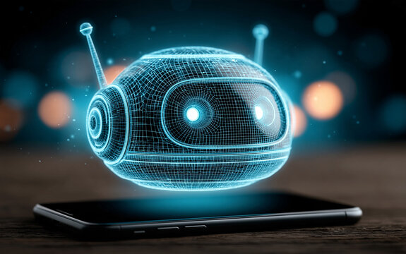 Glowing digital chatbot avatar icon floating above a smartphone screen, AI communication technology concept, with copy space