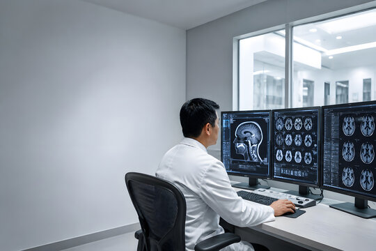 Radiologist Reviewing Brain MRI Scans in Minimalist White Reading Room With Generous Copy Space