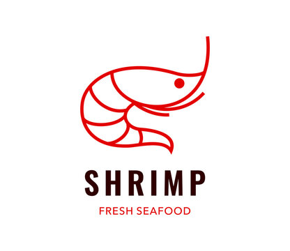Seafood shrimp icon for restaurant cuisine emblem or sushi bar menu sign. Red shrimp or prawn in thin line design for fresh fish market store or seafood kitchen and shop product package symbol