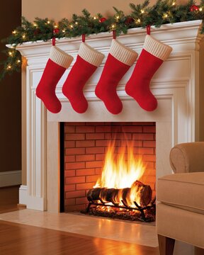 Four red knitted christmas stockings hanging on white fireplace mantel with lit evergreen garland and roaring fire inside brick hearth