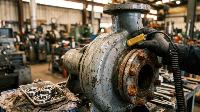 Industrial pump casing inspection with ultrasonic probe, rusted flange bolts and fresh replacement bearings staged for predictive maintenance
