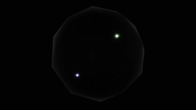 Abstract 3D Rotating Wireframe Geodesic Sphere with Glowing Internal Light Particles on Solid Black Background, Representing Futuristic Technology, Global Connectivity, and Digital Geometry