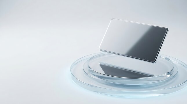 Glossy silver rectangular surface hovering over glass tiers for luxury product display.
