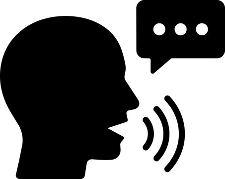 Black silhouette vector icon of a speaking human head profile representing voice communication.