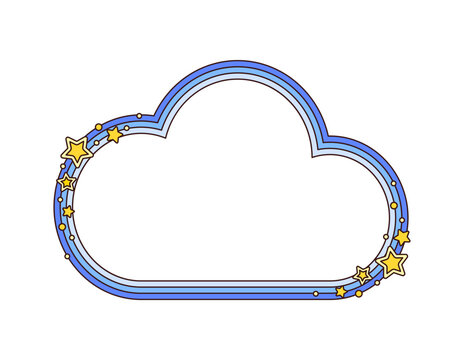 Retro blue cloud groovy hippie wavy frame, psychedelic y2k border with scattered yellow stars. Vintage playful decorative border for kids photos, social posts, stickers, messages or mirror frames