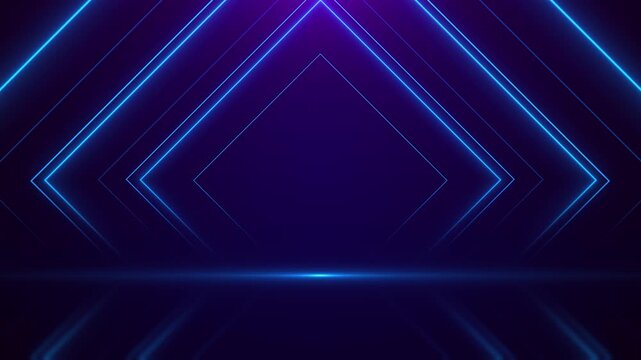 Blue neon diamond frames recede into stage flooring copy space. product showcases, award ceremonies, gaming intros, technology launches music events, virtual set, logo reveals presentation backgrounds