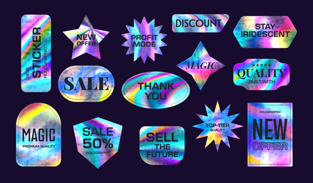 Holographic retail stickers, labels and badges with sale, new, quality, thank you, magic and profit mode messages. Realistic 3d tags with iridescent gradients, rounded or star shapes for packaging