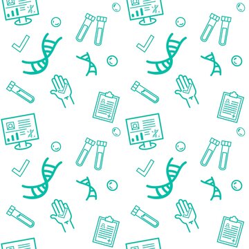 Seamless pattern with DNA, blood test results, laboratory tubes, computer diagnostics, hand and droplets on a white background. Suitable for medical uniforms and print materials 