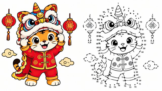 Cute pixel art tiger in chinese lion dance costume holding traditional red lanterns