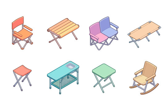 Isometric collection of portable camping furniture including chairs tables and folding cots