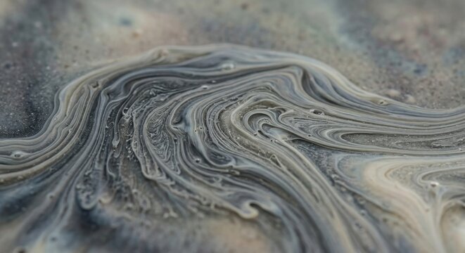 Swirling mixture of metallic gray and white paint creates fluid abstract marbling patterns with organic curves on a smooth surface.