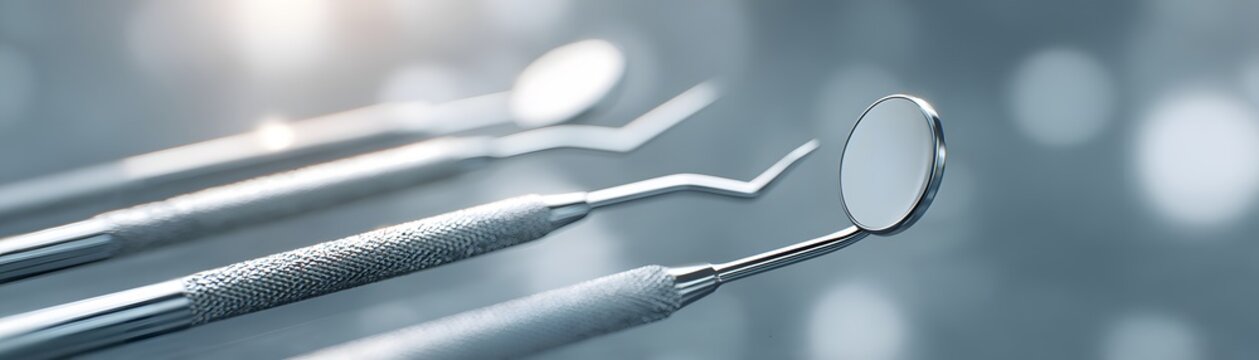 Dental instruments close-up with mirror in clinical lighting