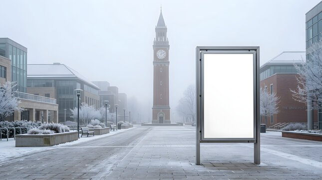 Blank Billboard Mockup on Snowy University Campus with Clock Tower