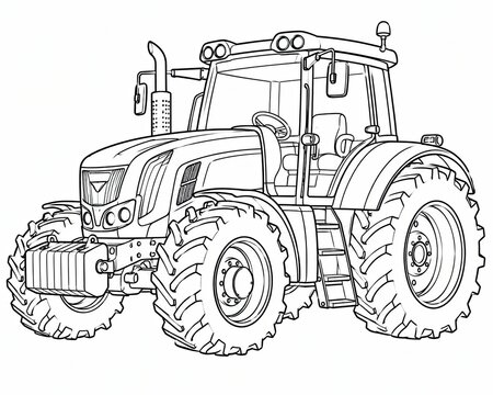Black and white line art illustration of a powerful farm tractor