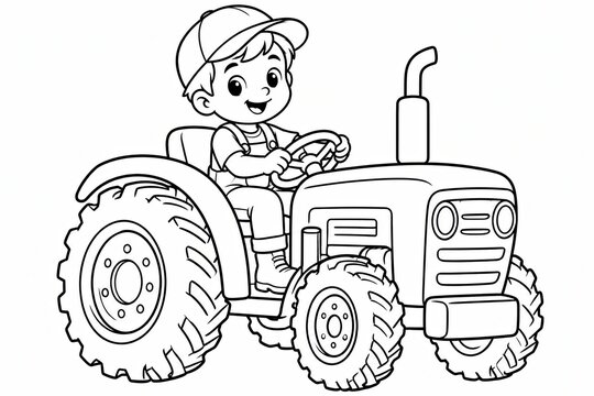 Little boy driving a farm tractor in a simple black and white drawing