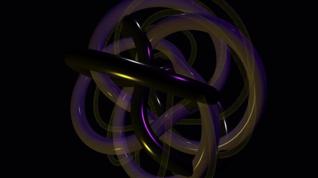 Abstract 3D rendering of complex interlocking glossy purple and black tubes forming a mathematical knot structure with glowing golden wireframe rings on a dark background for futuristic design.