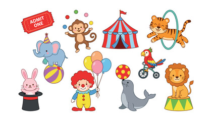 Fototapeta premium Cute circus animal vector collection with clown tent ticket lion tiger elephant monkey and carnival elements for party design