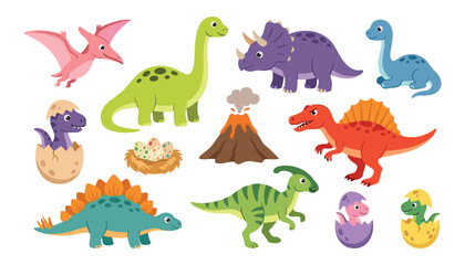 Cute dinosaur vector character collection with isolated cartoon prehistoric animals eggs and volcano on white ©  SULTANA