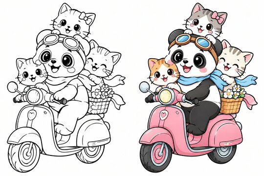 Cute panda riding a pink scooter with kittens isolated on white background
