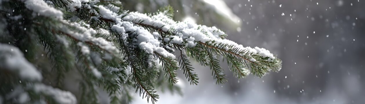 Snow-covered evergreen branch with falling snow and bokeh