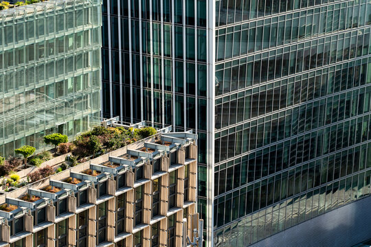 Modern office buildings in London England surround a planted rooftop terrace showing dense urban architecture with integrated greenery and design