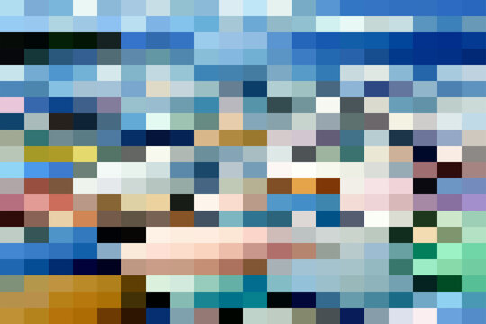 Abstract pixelated mosaic pattern featuring a grid of squares in various colors including blue, brown, white, and grey for a textured look