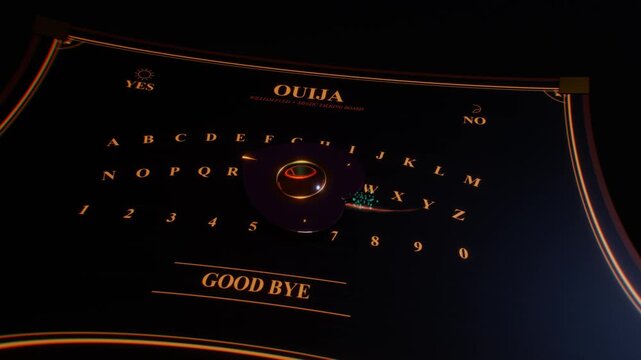 Antique spirit talking board with glowing planchette and mysterious mystic symbols rests in a dark atmospheric 3D motion background
