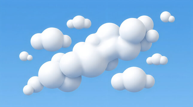 A group of fluffy white stylized 3d clouds floating against a clear blue sky background