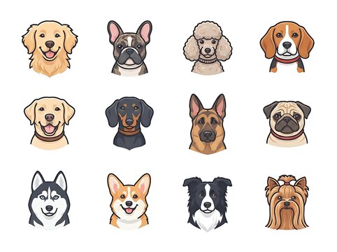 Collection of dog breed portraits headshots cartoon style