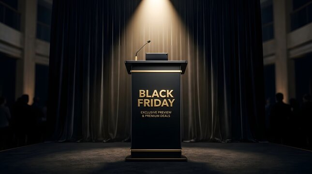 Black friday exclusive preview and premium deals announcement on a professional stage podium with spotlight and dark curtains background