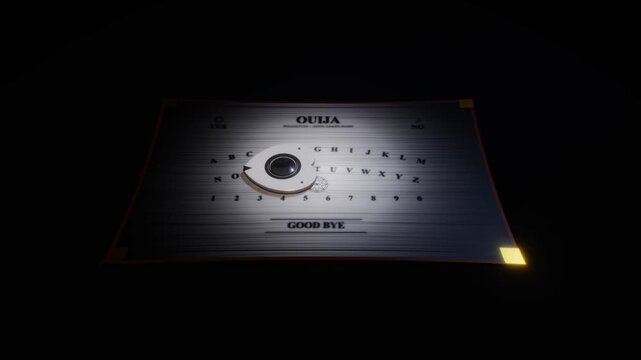 Occult spirit board with planchette illuminated by a top spotlight in a dark eerie 3D render