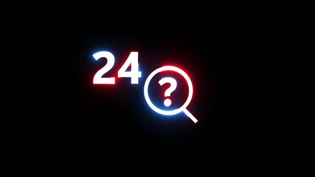 Neon twenty four hour support icon glowing with magnifying glass on black background loop.