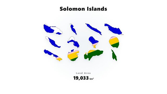 Stylized Solomon Islands island silhouette icons with centered caption, numeric marker, green yellow ocean shapes in map grid for travel education infographic on clean white background