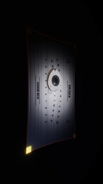 Vertical perspective view of a talking board with planchette resting under dramatic overhead light in a 3D animation
