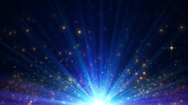 Brilliant blue rays erupt lower center glowing gold dust, starlight, soft bokeh, uplifting reveal. celebrations, awards, holidays, inspirational promos, product launches, logo reveals, festive openers