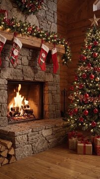 Christmas tree glows beside a burning stone fireplace in a wood cabin, with red ornaments, stockings, garland, wreath, star topper, wrapped gifts, and firewood creating a festive holiday interior