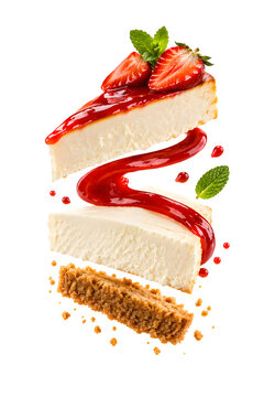 New York Cheesecake Slice with Floating Layers and Strawberry Coulis on Transparent PNG