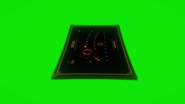 Occult talking board with glowing planchette viewed from low angle isolated on green screen in a 3D animation