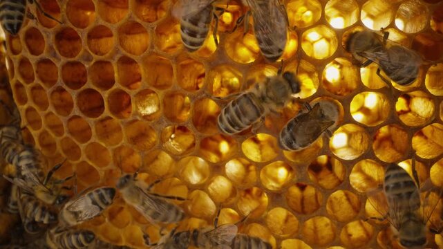 Bees moving inside yellow honeycomb, within hive. Natural pollination and teamwork, productivity, ecosystem harmony. Agriculture, beekeeping, sustainability, nature education.