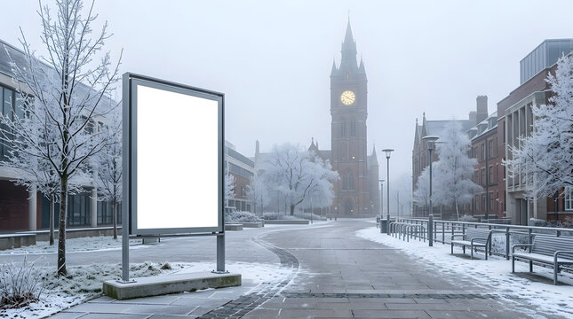 Blank billboard mockup on snowy winter city street with clock tower background