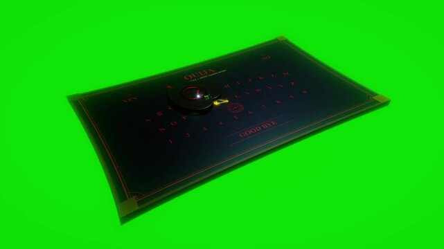 Talking board with planchette moving across arcane letters isolated on bright green screen background in a 3D animation