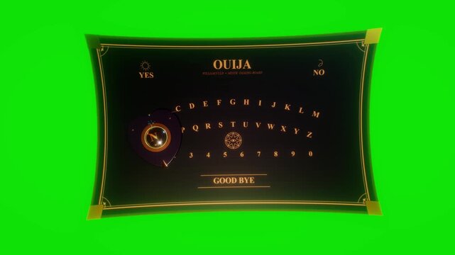Spirit talking board with sliding luminous planchette on a green screen backdrop in a seamless 3D loop