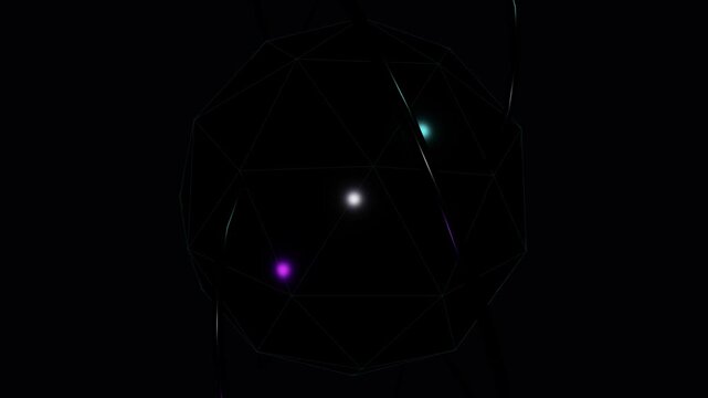 Futuristic abstract animation of a rotating geodesic wireframe sphere with glowing cyan white and magenta light points moving in a dark digital space for technology and science concepts