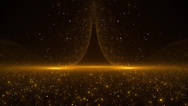 Golden particle curtains rise black entrance luminous horizon glows glittering floor. award reveals, wedding openings, luxury launches, gala events, brand intros, celebrations, cinematic titles.