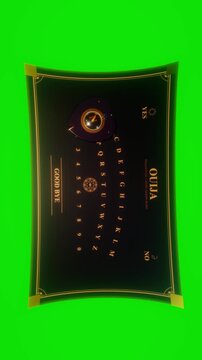 Mystic spirit board with planchette floating over occult alphabet letters on a green screen in 3D motion