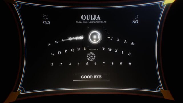 Curved vintage spirit board with glowing planchette and letters in a dark atmospheric 3D render
